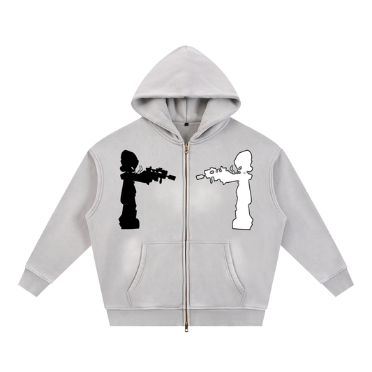 "Two Sides"  Sunfade Two-way Zipper Boxy Fleece Hoodie