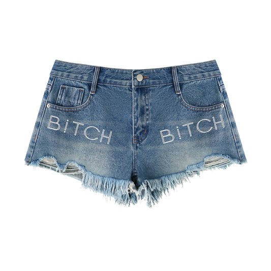 " 2 BITCHY " Women's Vintage Wash Raw Hem Denim Shorts